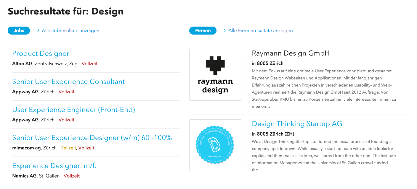 Screesnshot der Suchresultate für die Job-Kategorie Design
